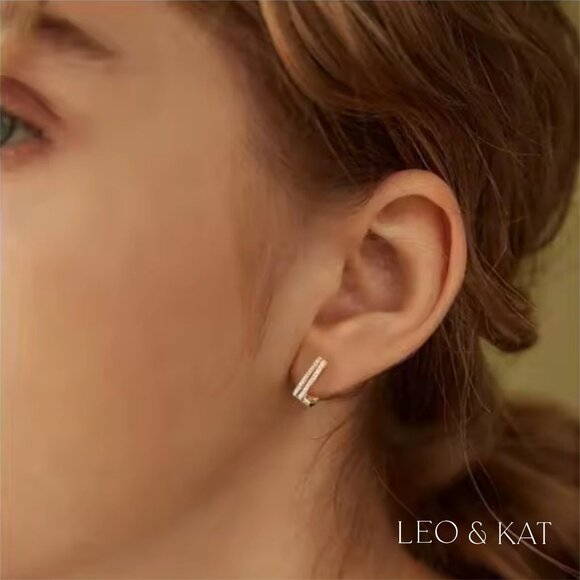 Gold Pave Square Huggie Earrings. 925 Sterling Silver. #1044 - Picture 2 of 3